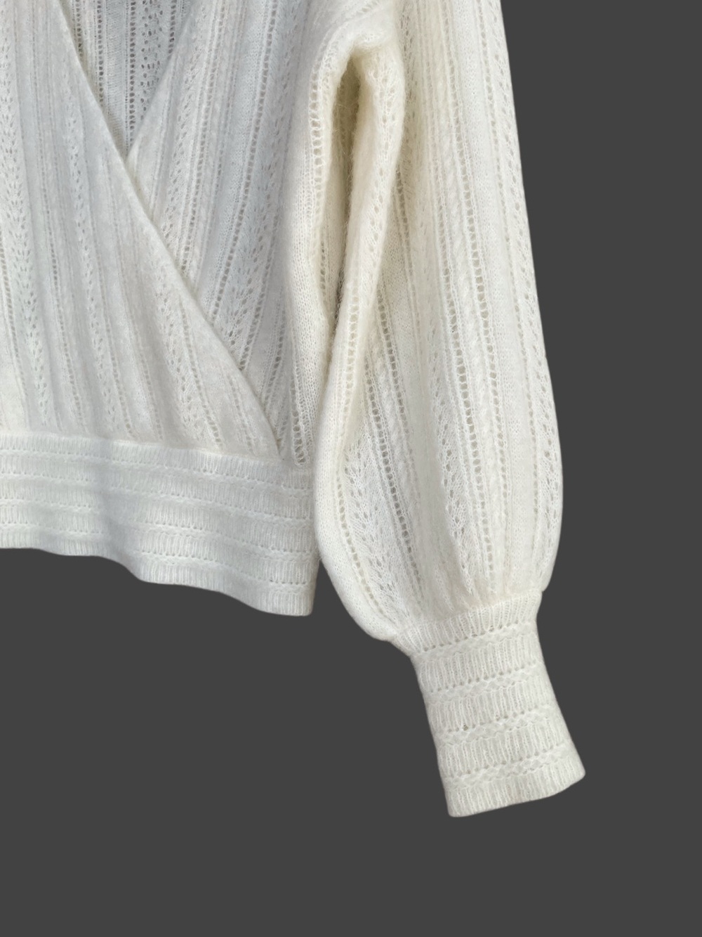 SEZANE Ecru Cream Mohair Wool Reversible V Neck Pointelle Knit Cristina Sweater - Picture 8 of 17
